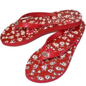 Coach “Abigail” red+white floral flip flops